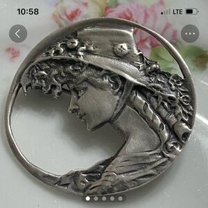 Old VTG Art Nouveau Sterling  Bonnet Lady Brooch & Pendant